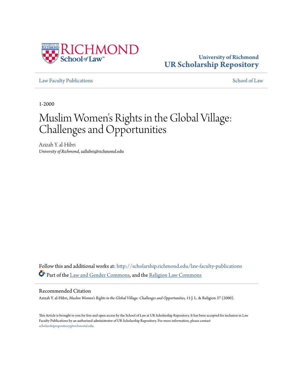 Muslim Women's Rights in the Global Village: Challenges and Opportunities Azizah Y