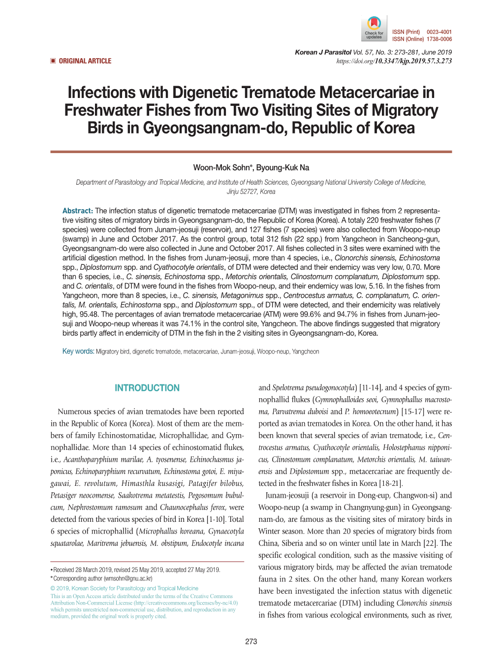 Infections with Digenetic Trematode Metacercariae in Freshwater Fishes from Two Visiting Sites of Migratory Birds in Gyeongsangnam-Do, Republic of Korea