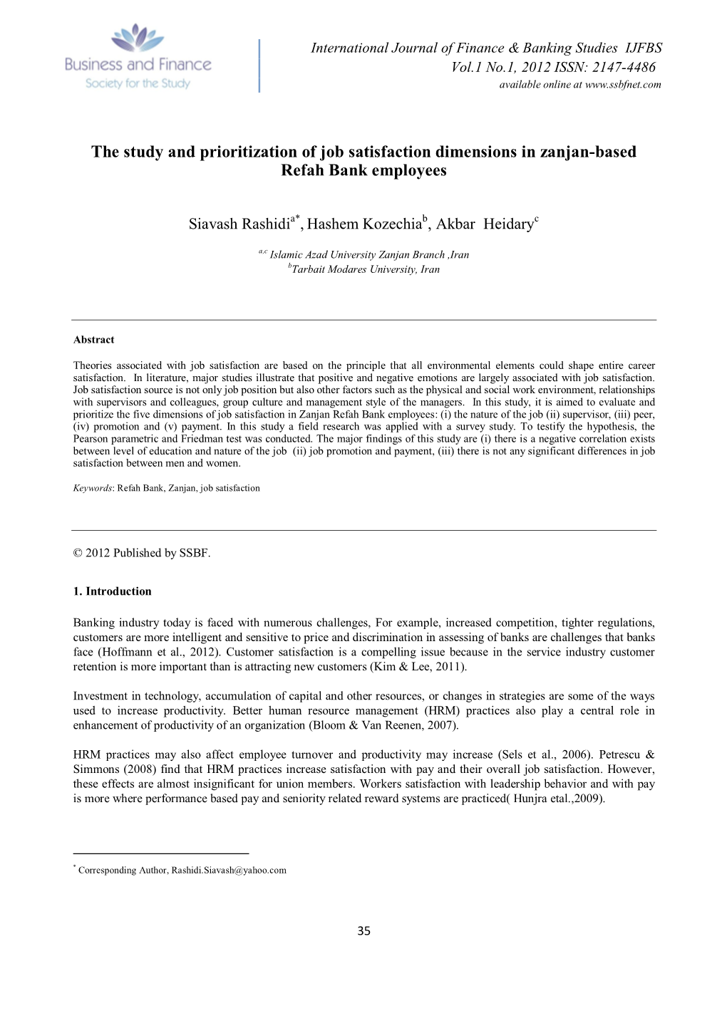 The Study and Prioritization of Job Satisfaction Dimensions in Zanjan-Based Refah Bank Employees