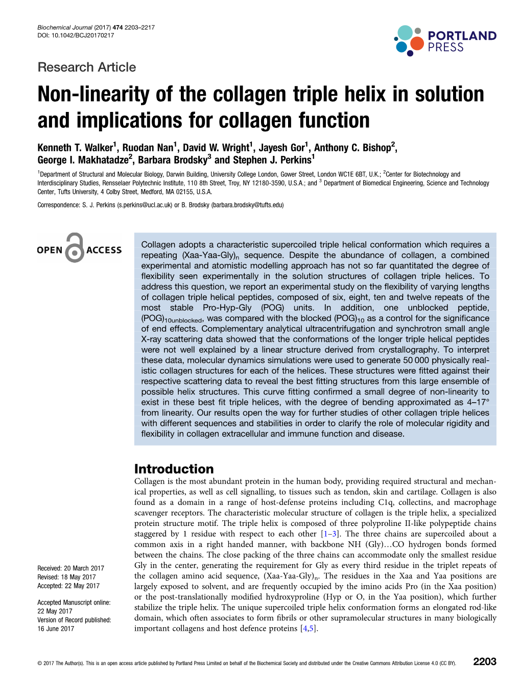 Non-Linearity of the Collagen Triple Helix in Solution and Implications for Collagen Function