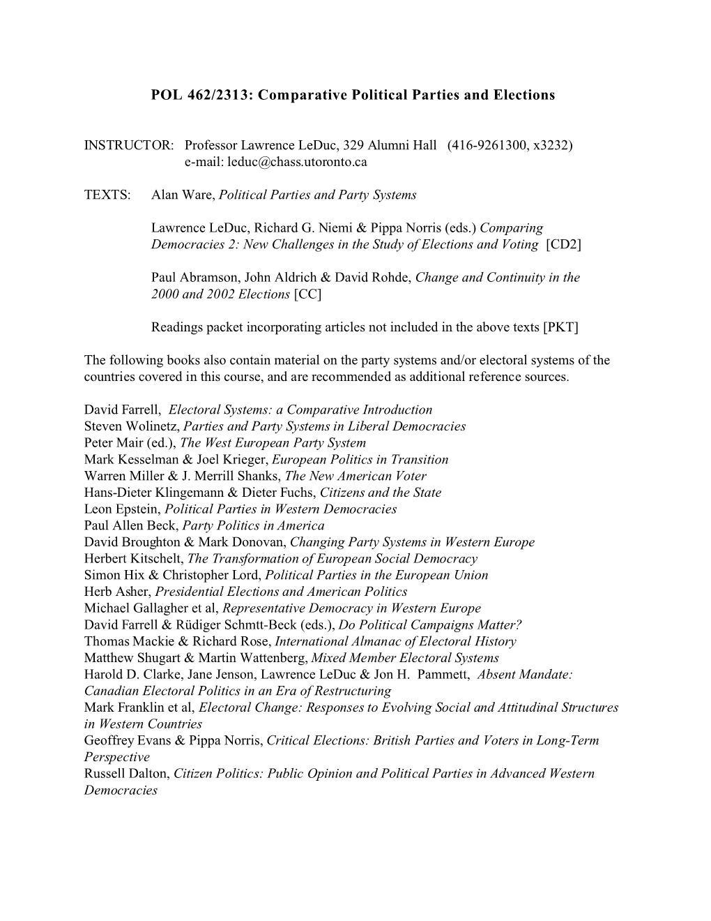 POL 462/2313: Comparative Political Parties and Elections