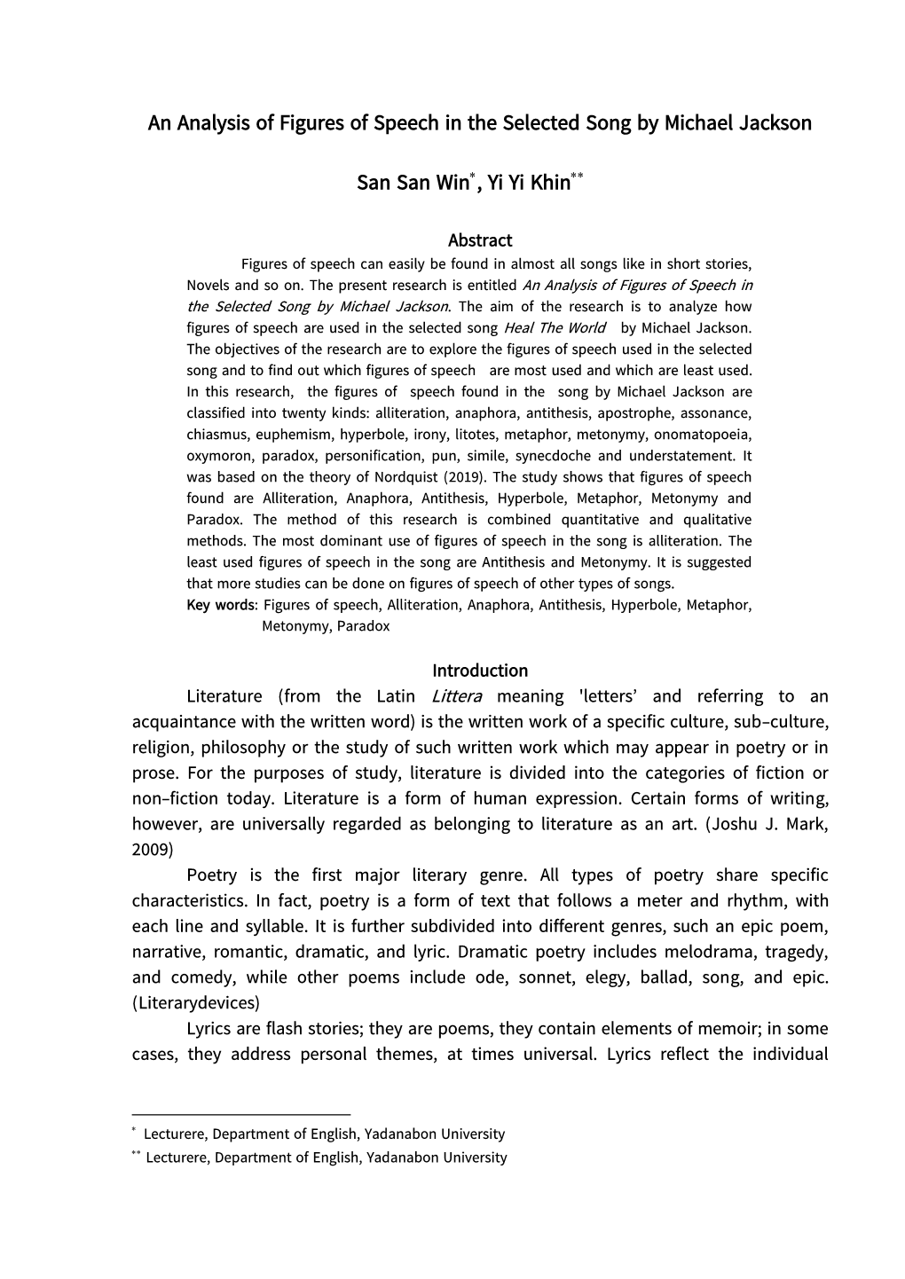 An Analysis of Figures of Speech in the Selected Song by Michael Jackson San San Win*, Yi Yi Khin**