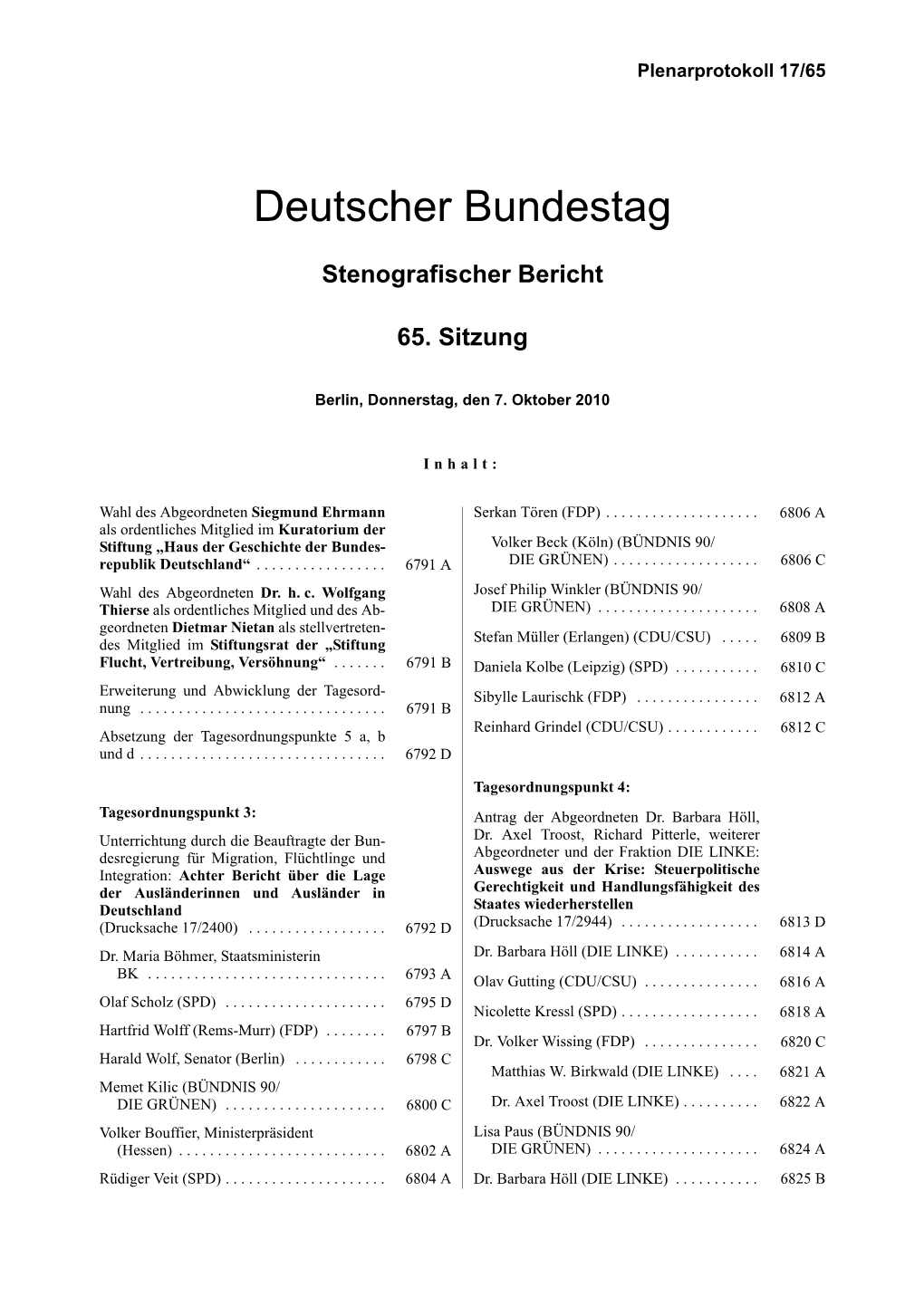 Protokoll Vom 7.10.2010 Einbringung Des 1