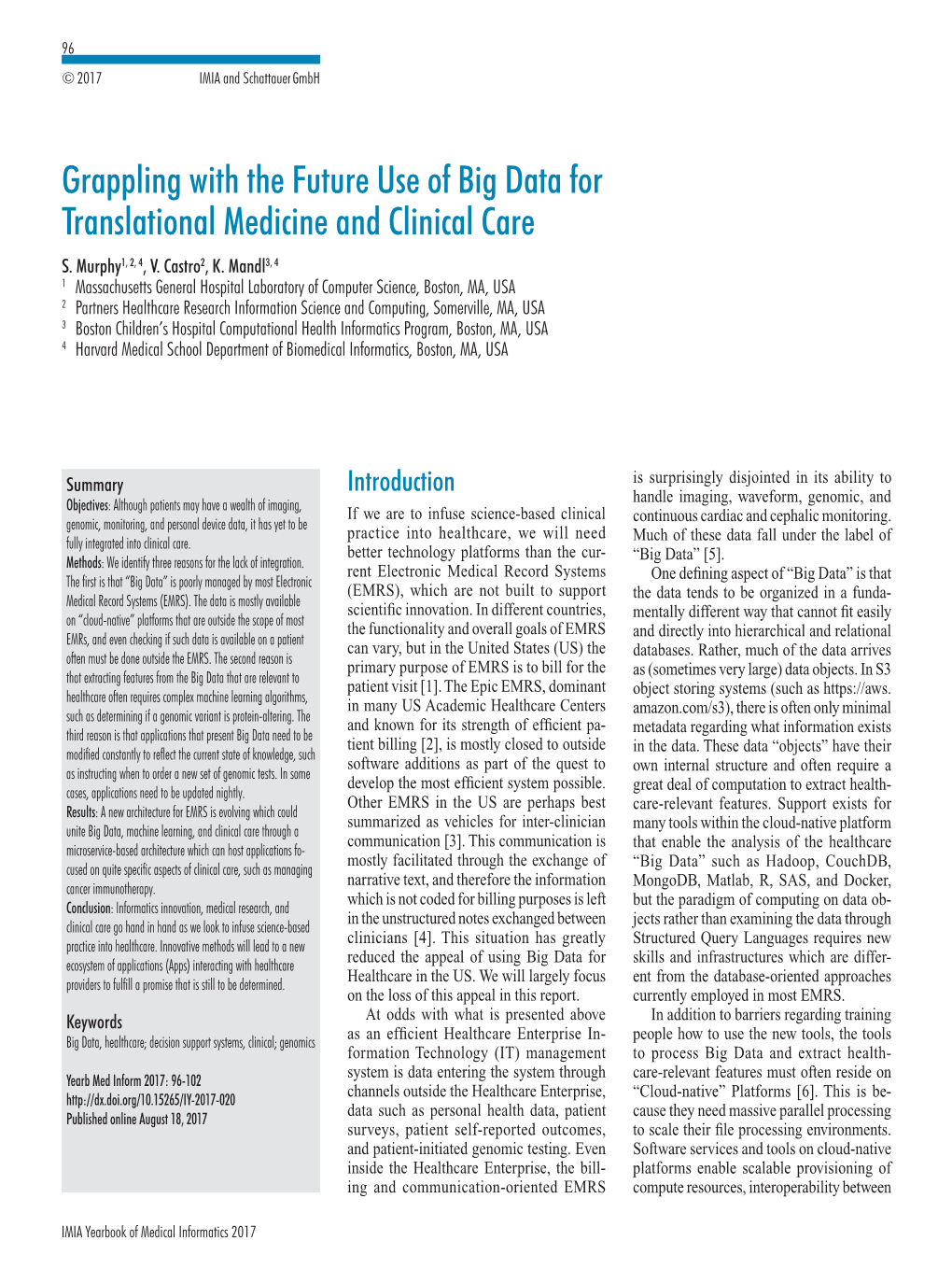 Grappling with the Future Use of Big Data for Translational Medicine and Clinical Care S