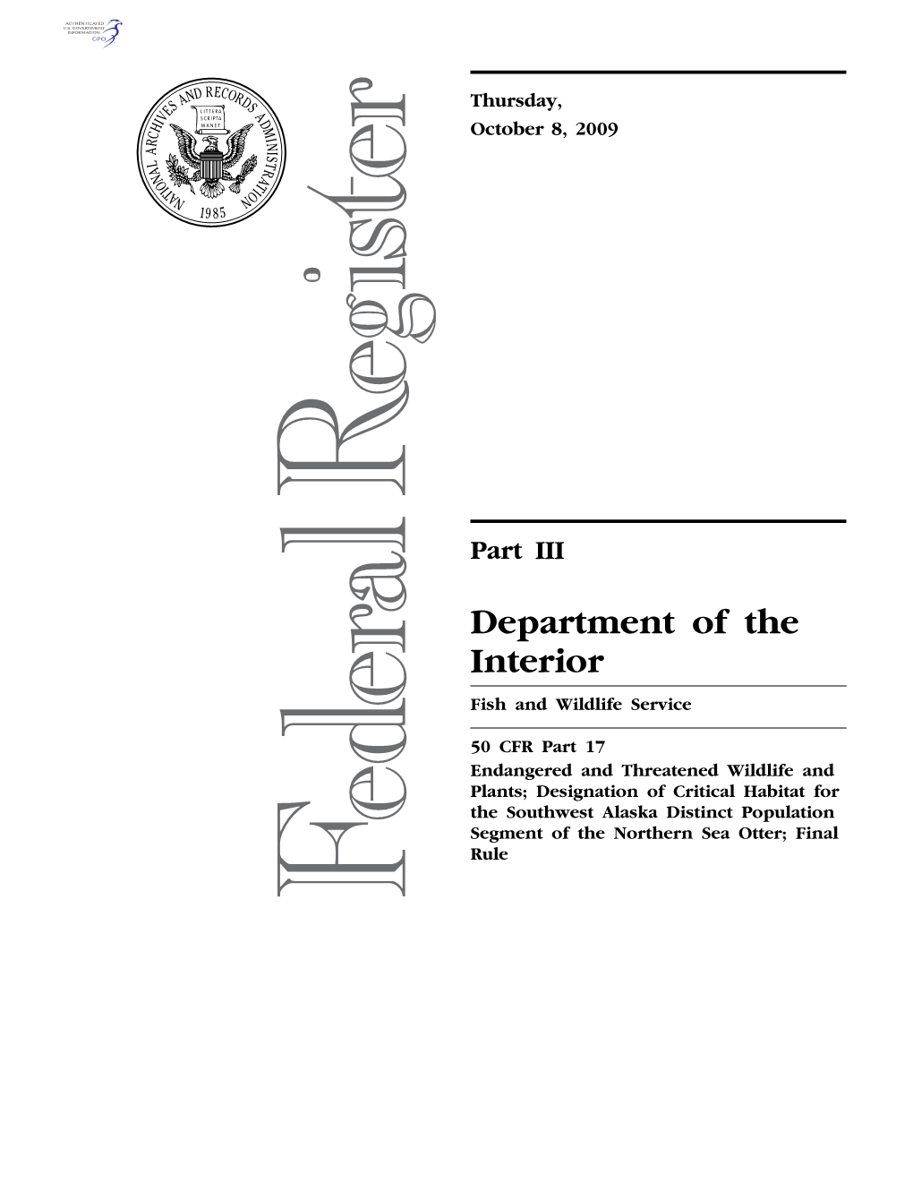 Designation of Critical Habitat for the Southwest Alaska Distinct Population Segment of the Northern Sea Otter; Final Rule