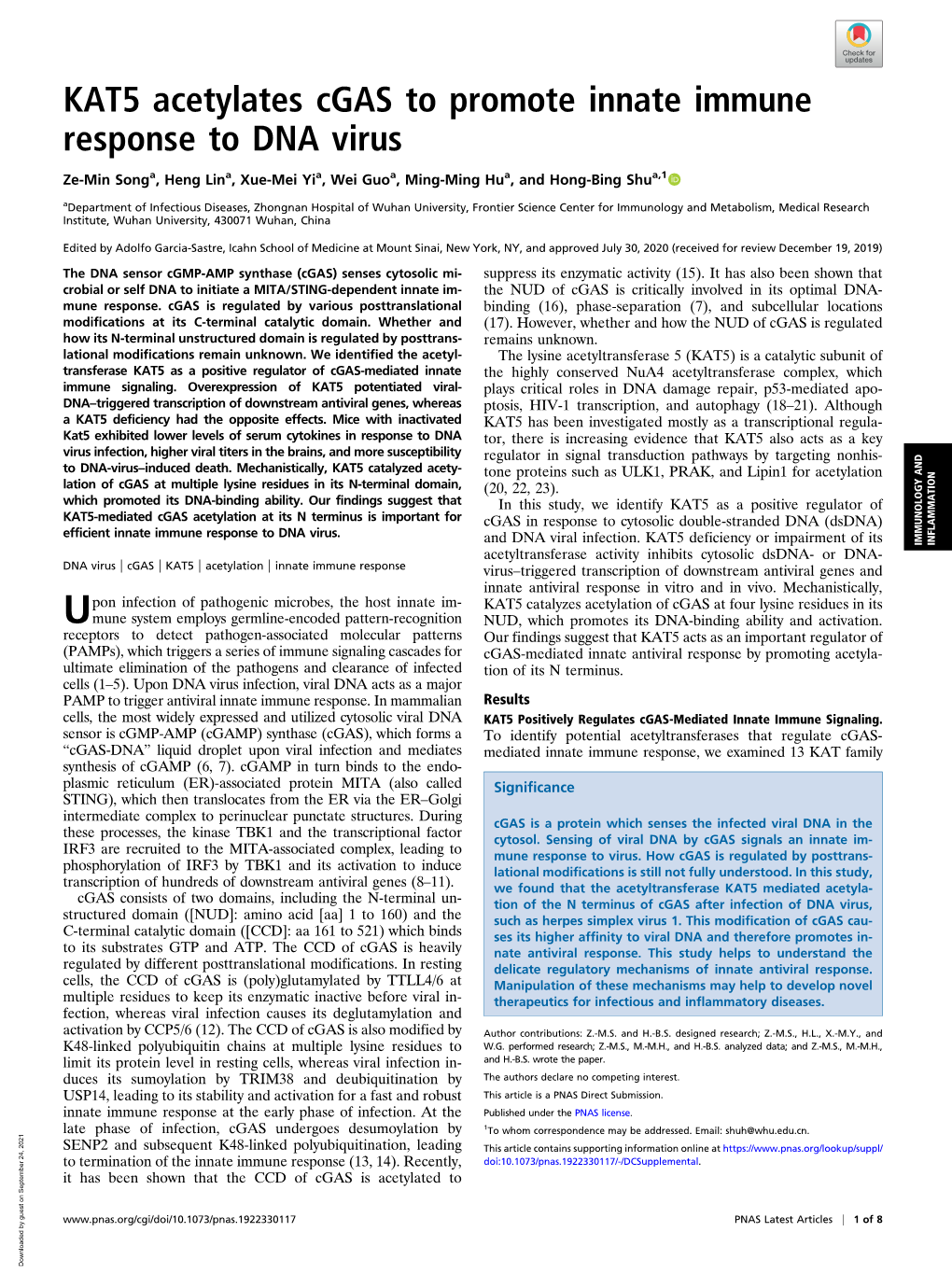 KAT5 Acetylates Cgas to Promote Innate Immune Response to DNA Virus