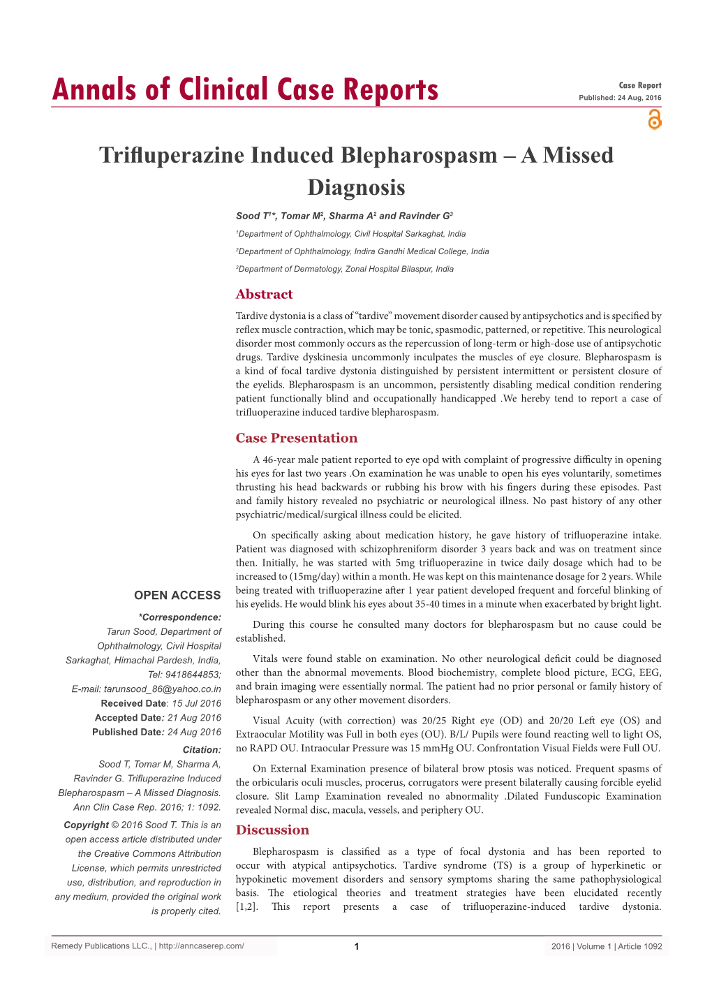 Trifluperazine Induced Blepharospasm – a Missed Diagnosis