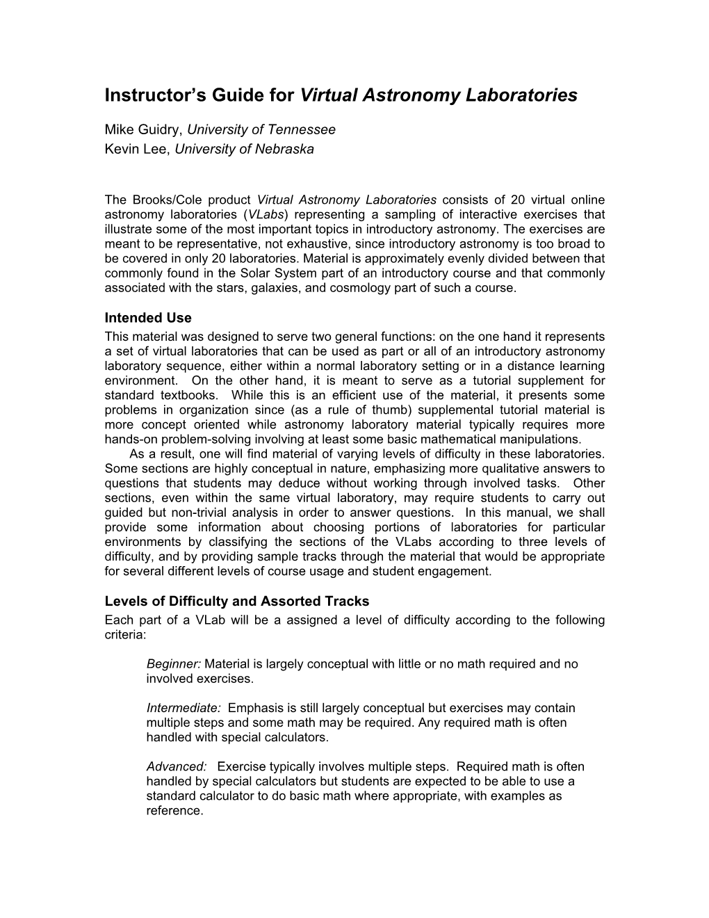 Instructor's Guide for Virtual Astronomy Laboratories