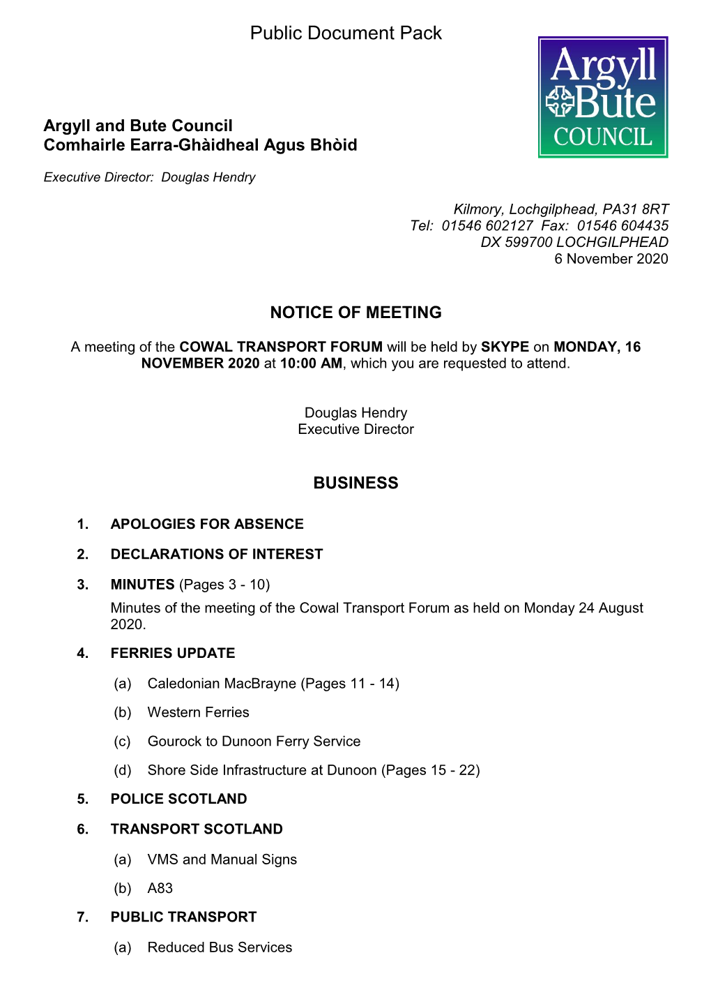 Agenda Document for Cowal Transport Forum, 16/11/2020 10:00
