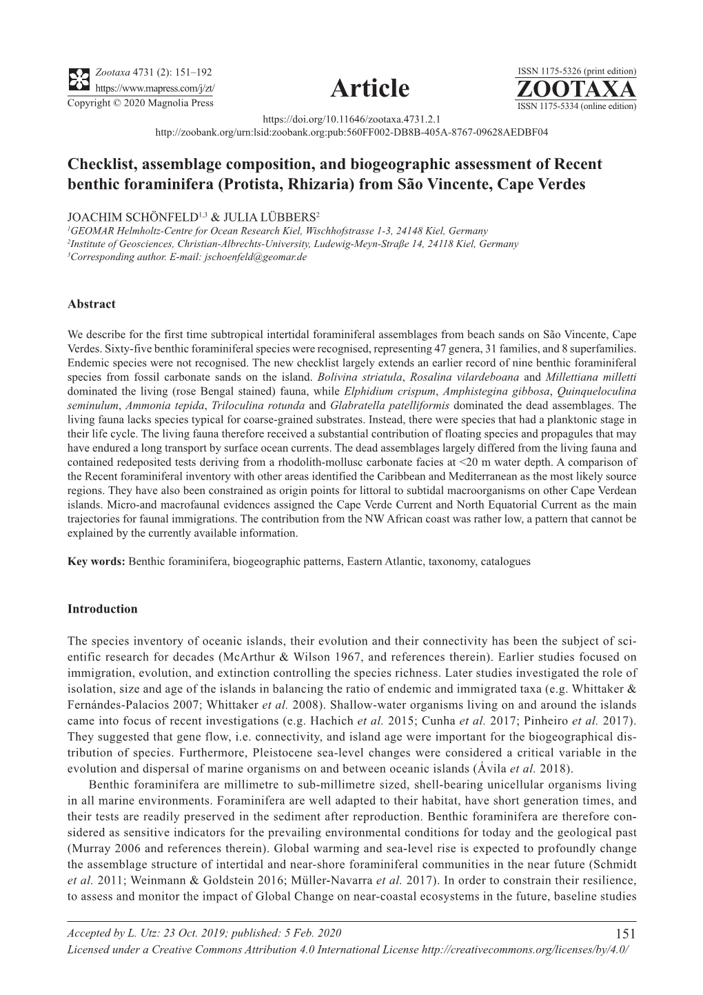 Checklist, Assemblage Composition, and Biogeographic Assessment of Recent Benthic Foraminifera (Protista, Rhizaria) from São Vincente, Cape Verdes