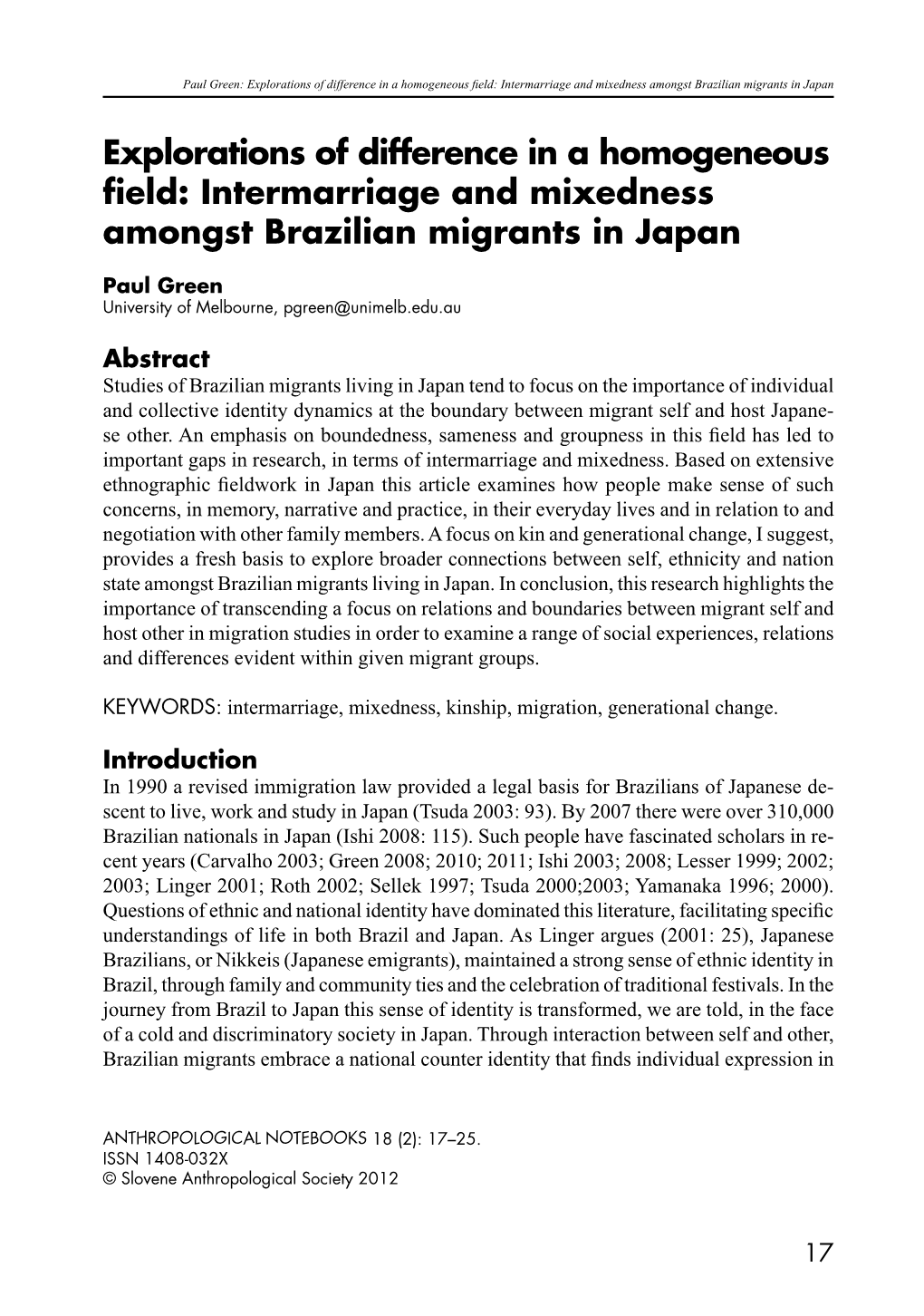Intermarriage and Mixedness Amongst Brazilian Migrants in Japan