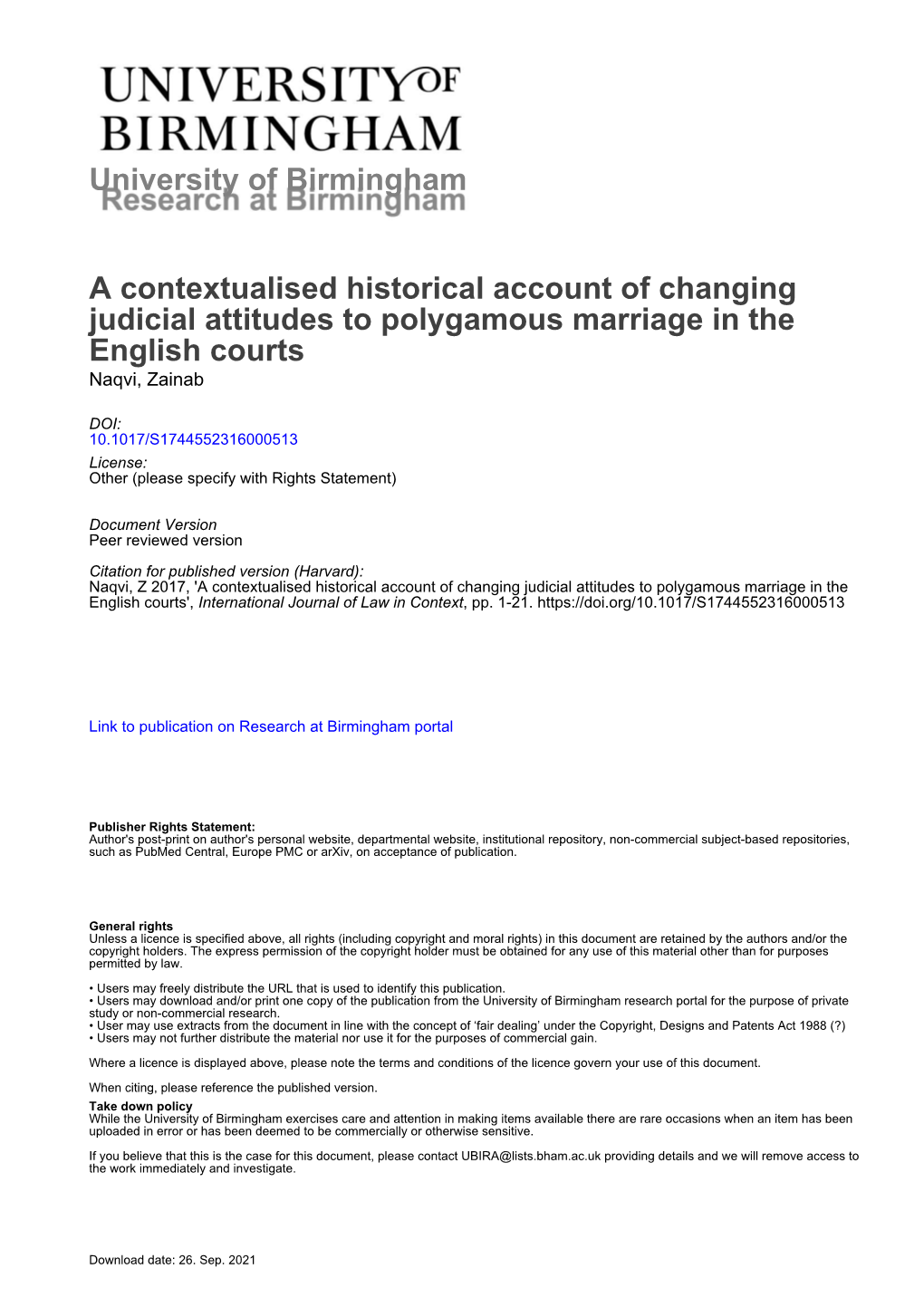 A Contextualised Historical Account of Changing Judicial Attitudes to Polygamous Marriage in the English Courts Naqvi, Zainab