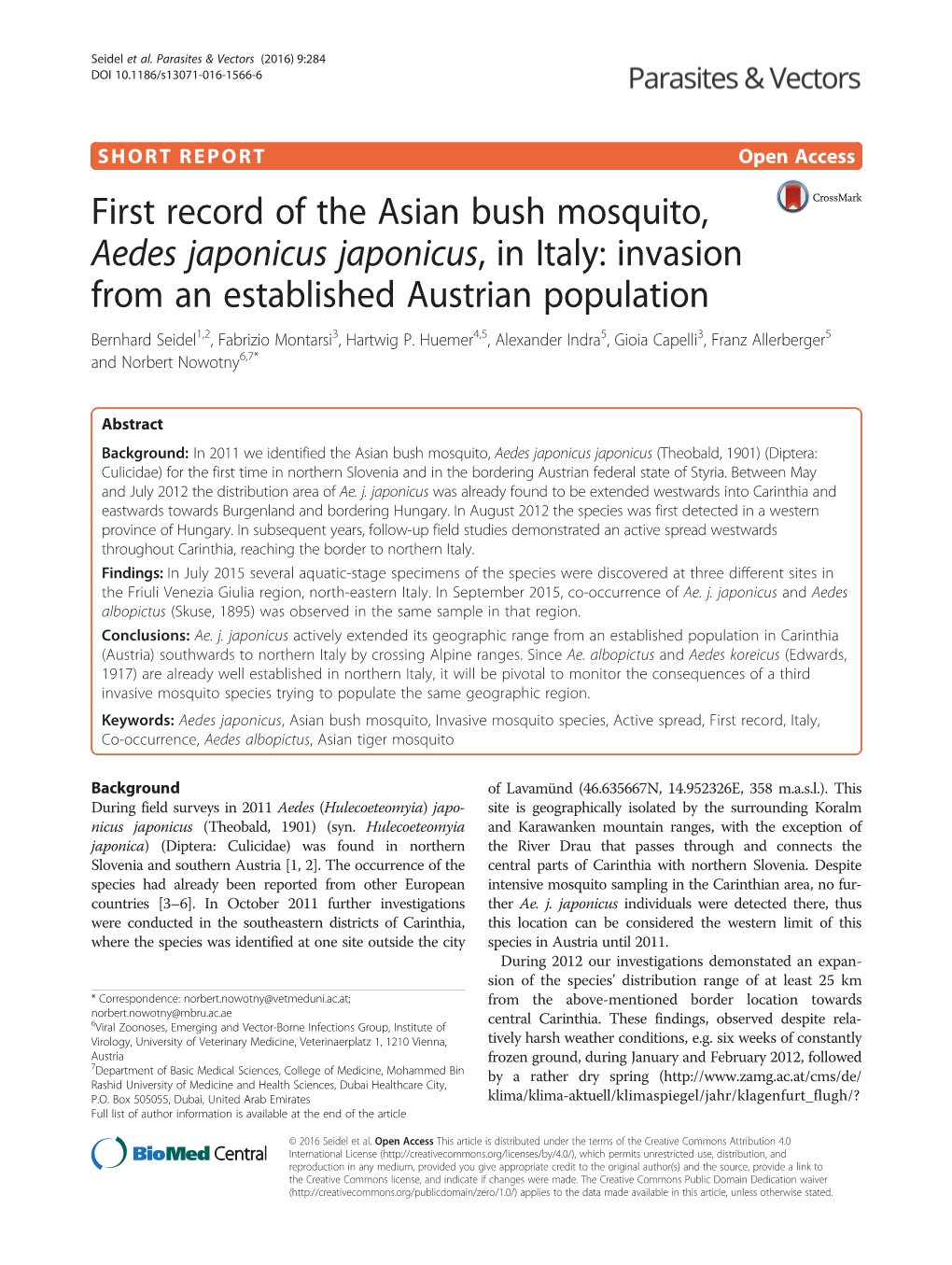 First Record of the Asian Bush Mosquito, Aedes