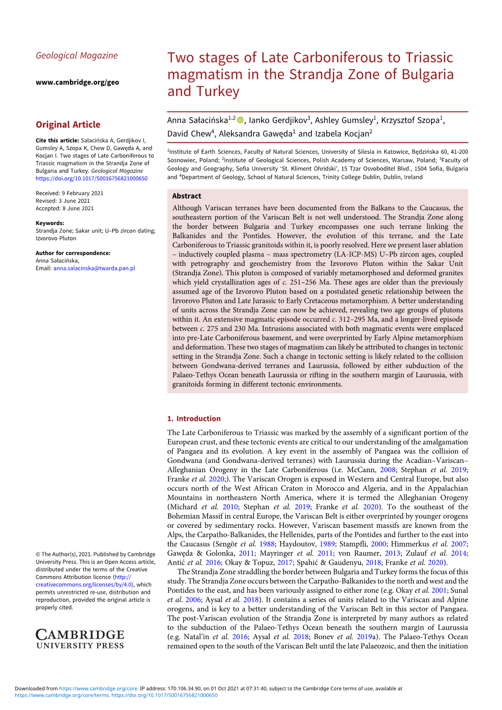 Two Stages of Late Carboniferous to Triassic Magmatism in the Strandja