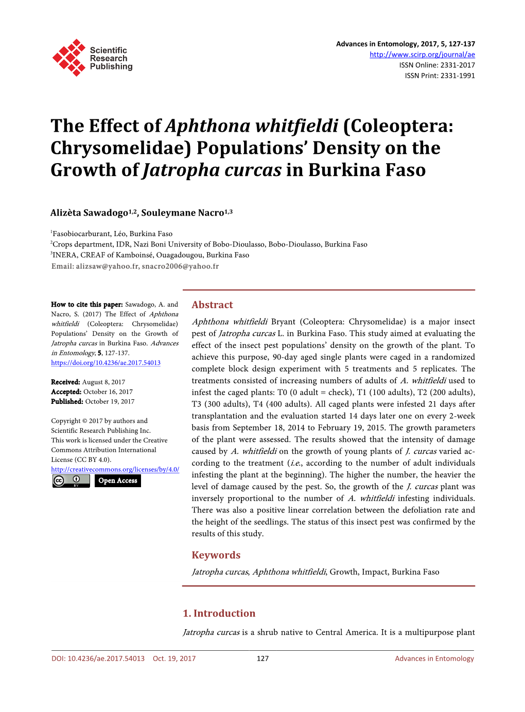 The Effect of Aphthona Whitfieldi (Coleoptera: Chrysomelidae) Populations’ Density on the Growth of Jatropha Curcas in Burkina Faso