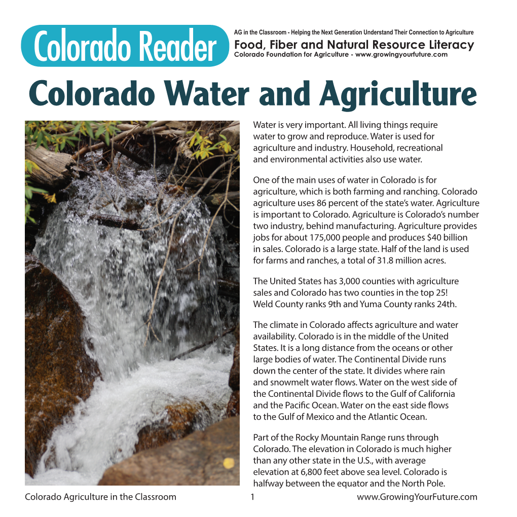 Colorado Reader Colorado Foundation for Agriculture - Colorado Water and Agriculture Water Is Very Important