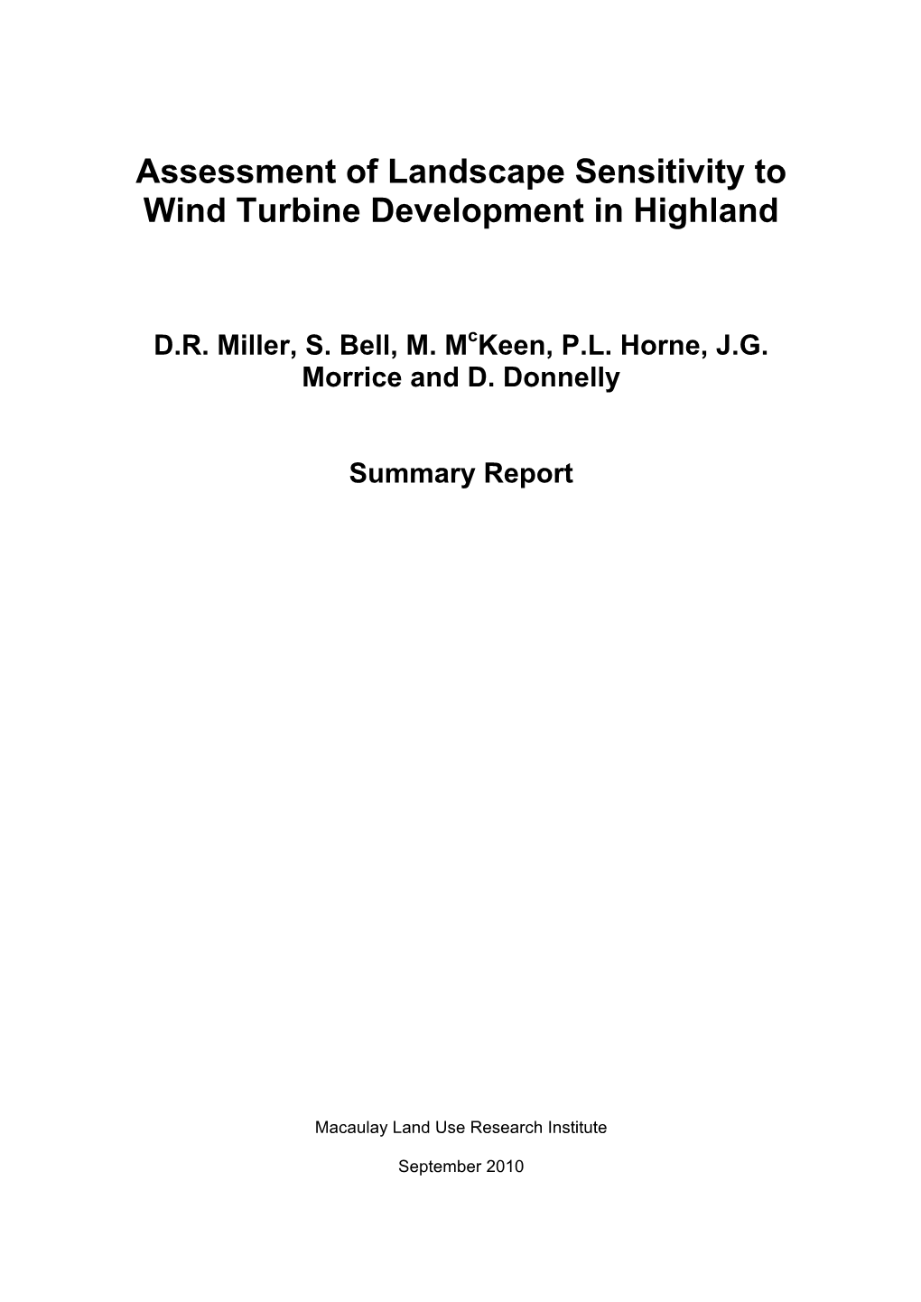 Assessment of Landscape Sensitivity to Wind Turbine Development in Highland