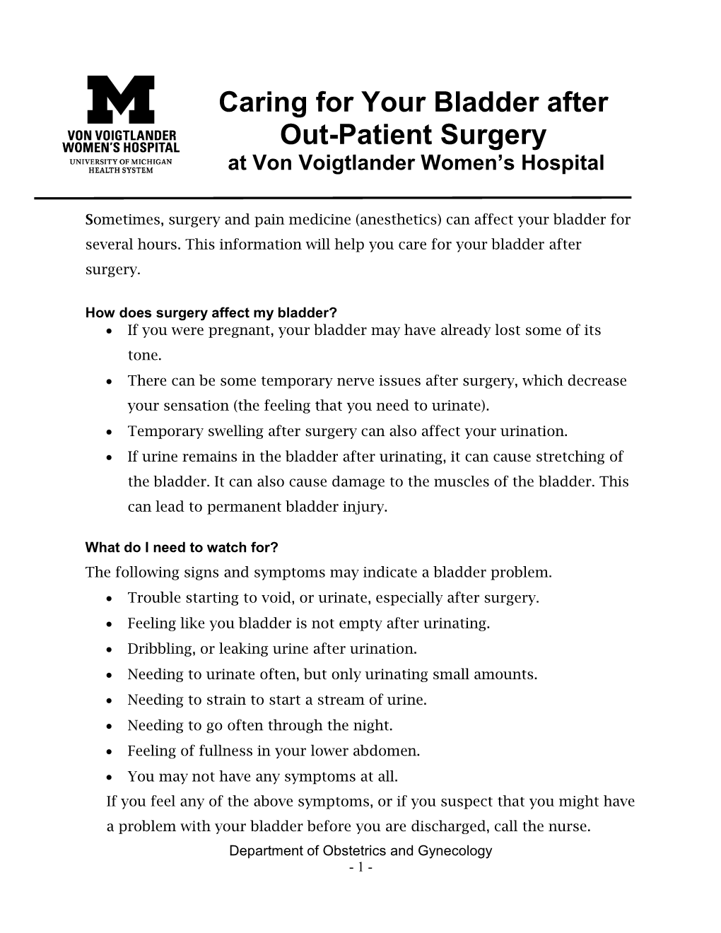 Caring for Your Bladder After Out-Patient Surgery at Von Voigtlander Women’S Hospital