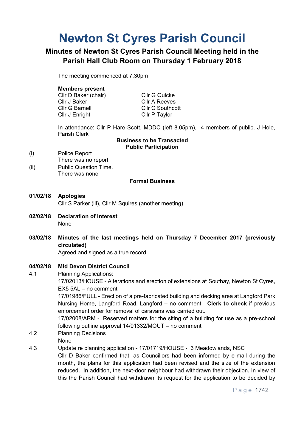 Newton St Cyres Parish Council Minutes of Newton St Cyres Parish Council Meeting Held in the Parish Hall Club Room on Thursday 1 February 2018