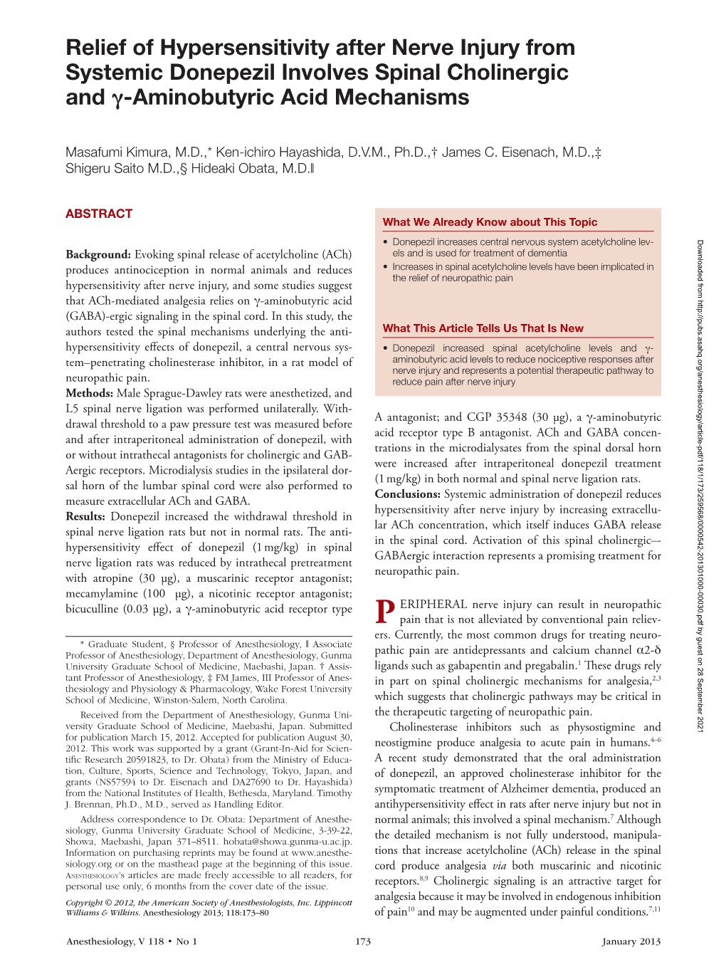 Relief of Hypersensitivity After Nerve Injury from Systemic Donepezil