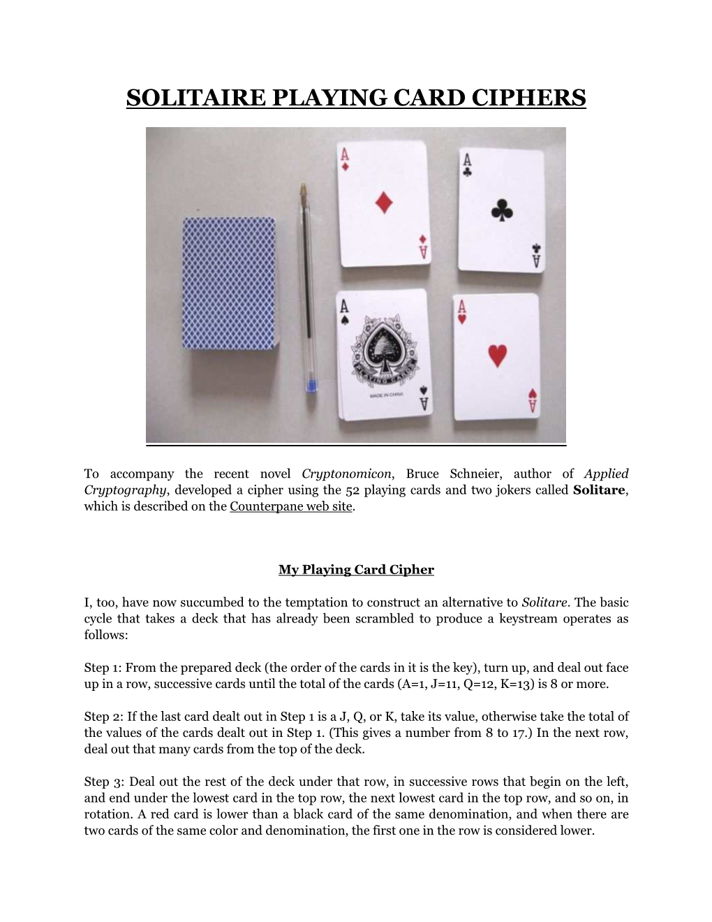 Solitaire Playing Card Ciphers