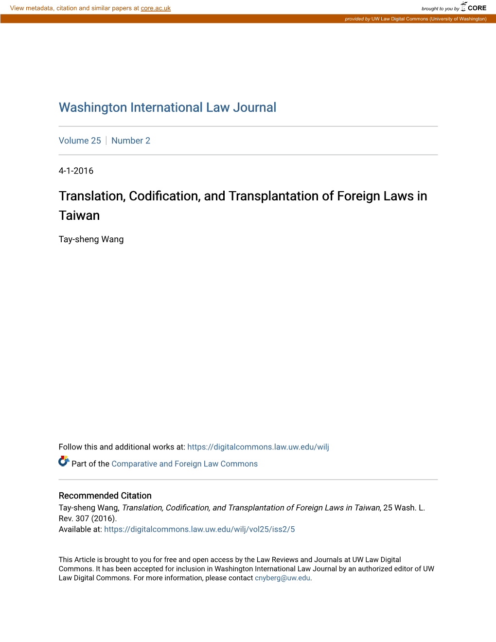 Translation, Codification, and Transplantation of Foreign Laws in Taiwan