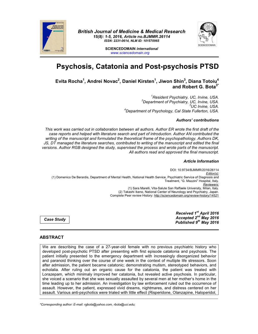 Psychosis, Catatonia and Post-Psychosis PTSD