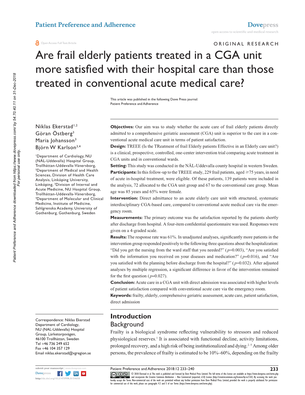 Are Frail Elderly Patients Treated in a CGA Unit More Satisfied with Their Hospital Care Than Those Treated in Conventional Acute Medical Care?