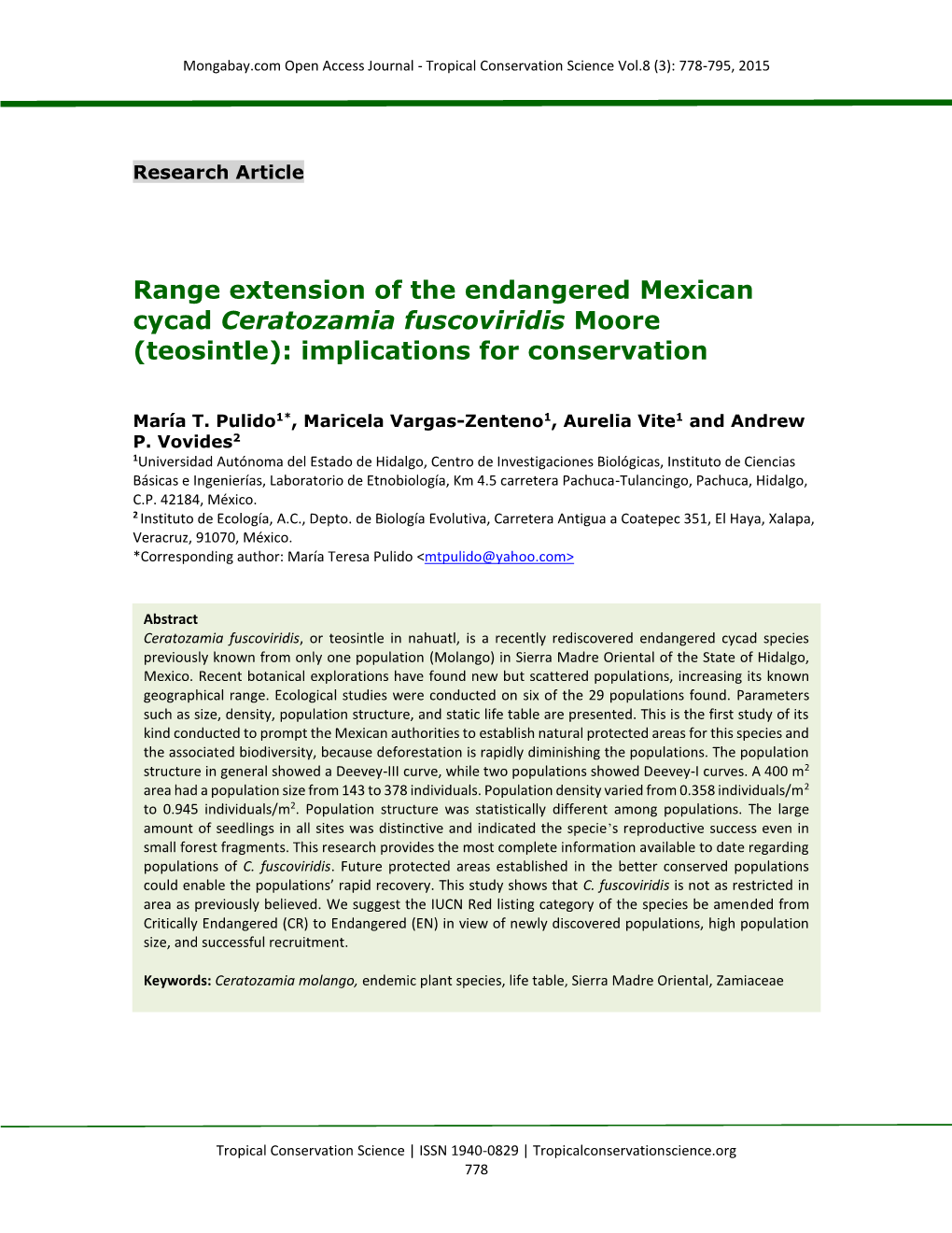 Range Extension of the Endangered Mexican Cycad Ceratozamia Fuscoviridis Moore (Teosintle): Implications for Conservation