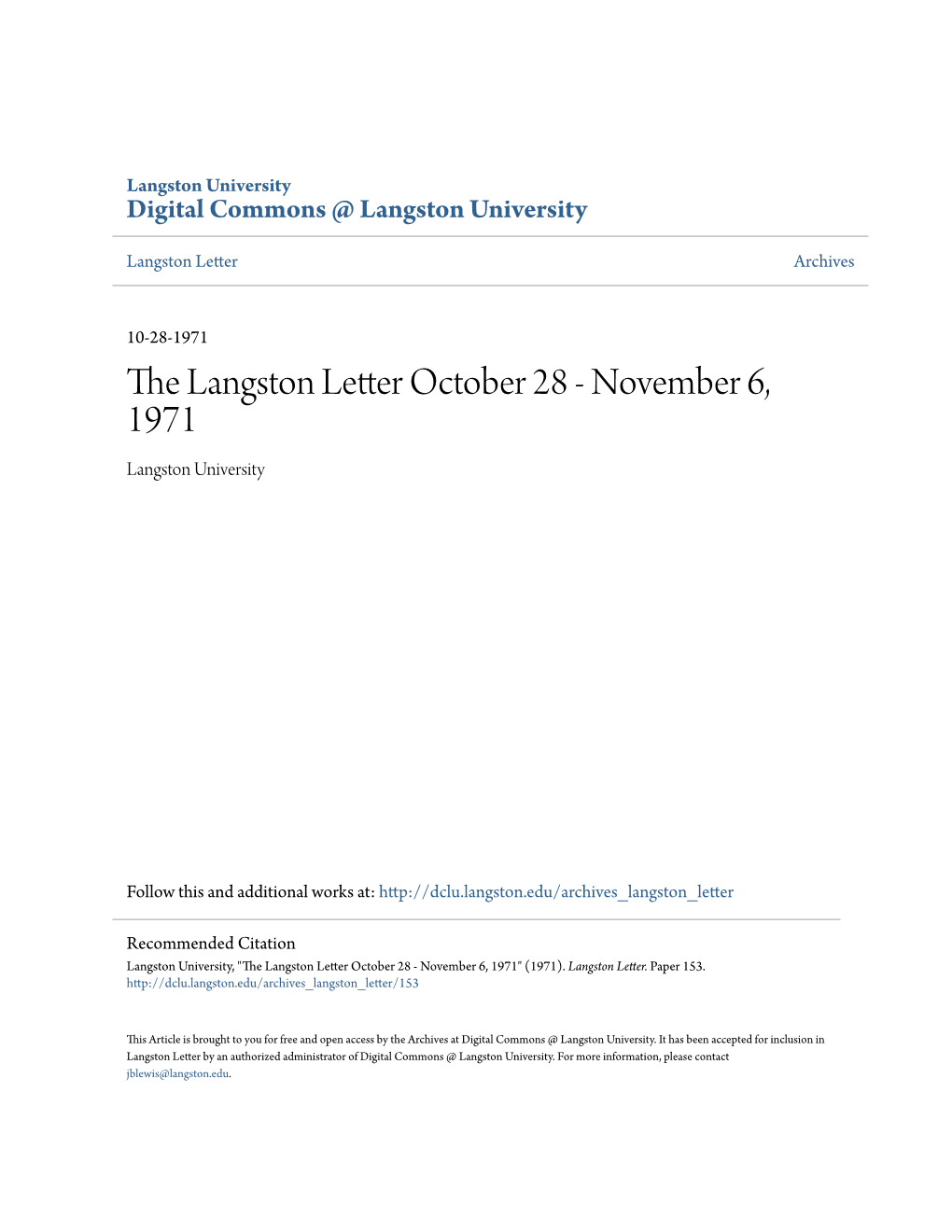 The Langston Letter October 28 - November 6, 1971 Langston University