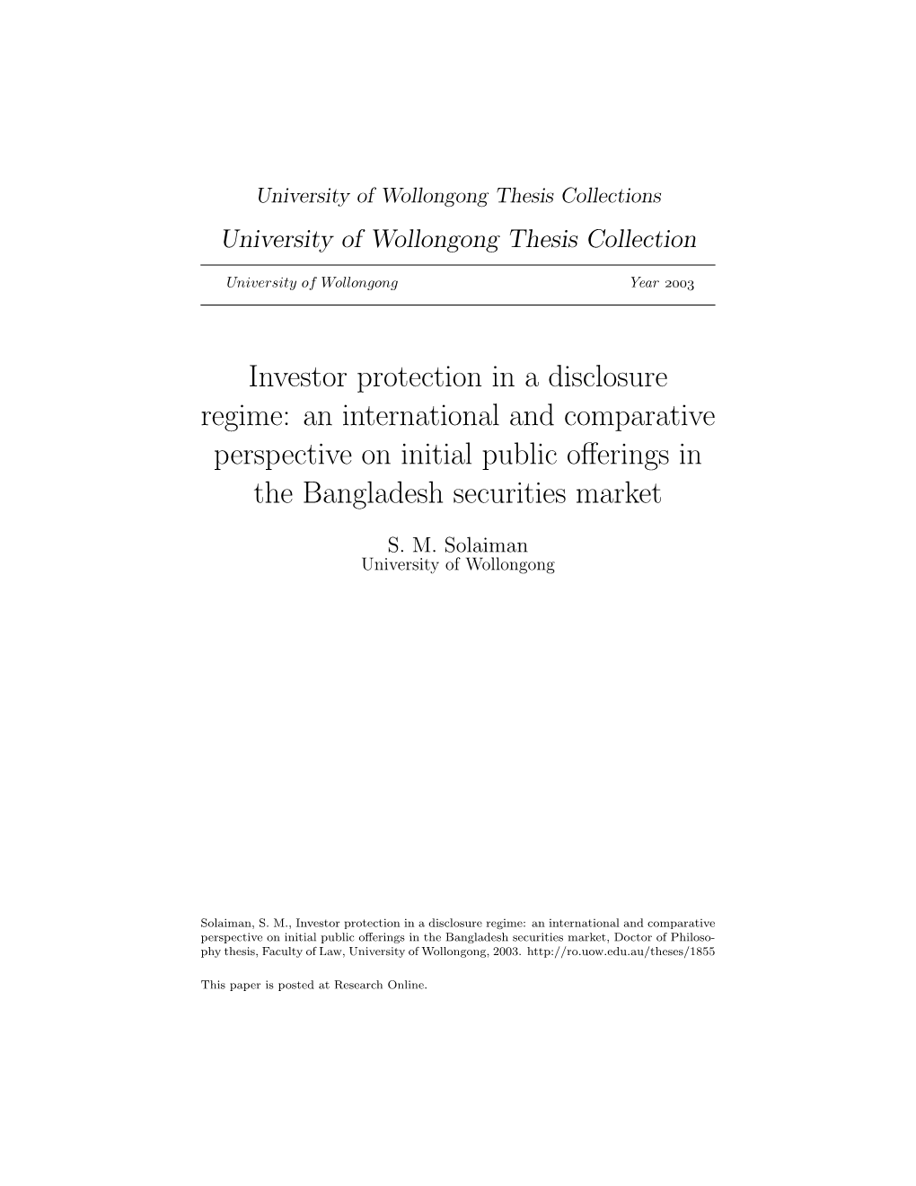 Investor Protection in a Disclosure Regime: an International and Comparative Perspective on Initial Public Oﬀerings in the Bangladesh Securities Market