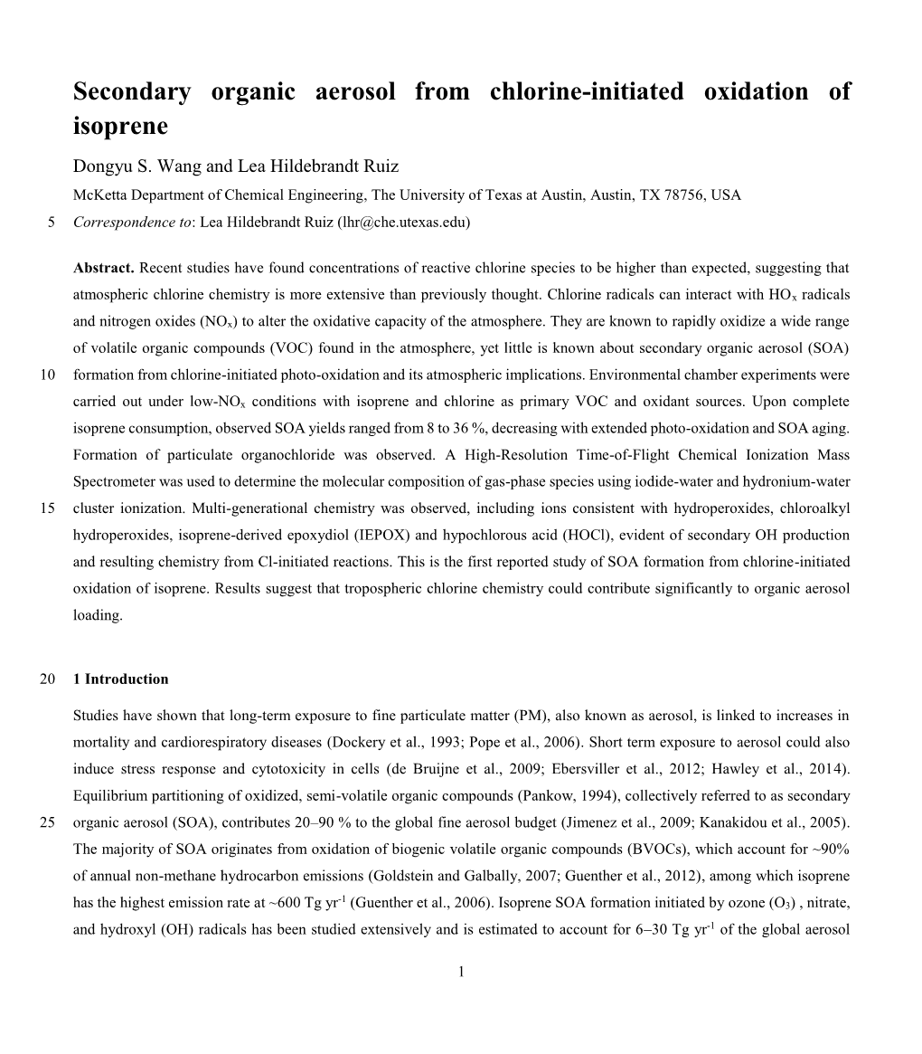 Secondary Organic Aerosol from Chlorine-Initiated Oxidation of Isoprene Dongyu S