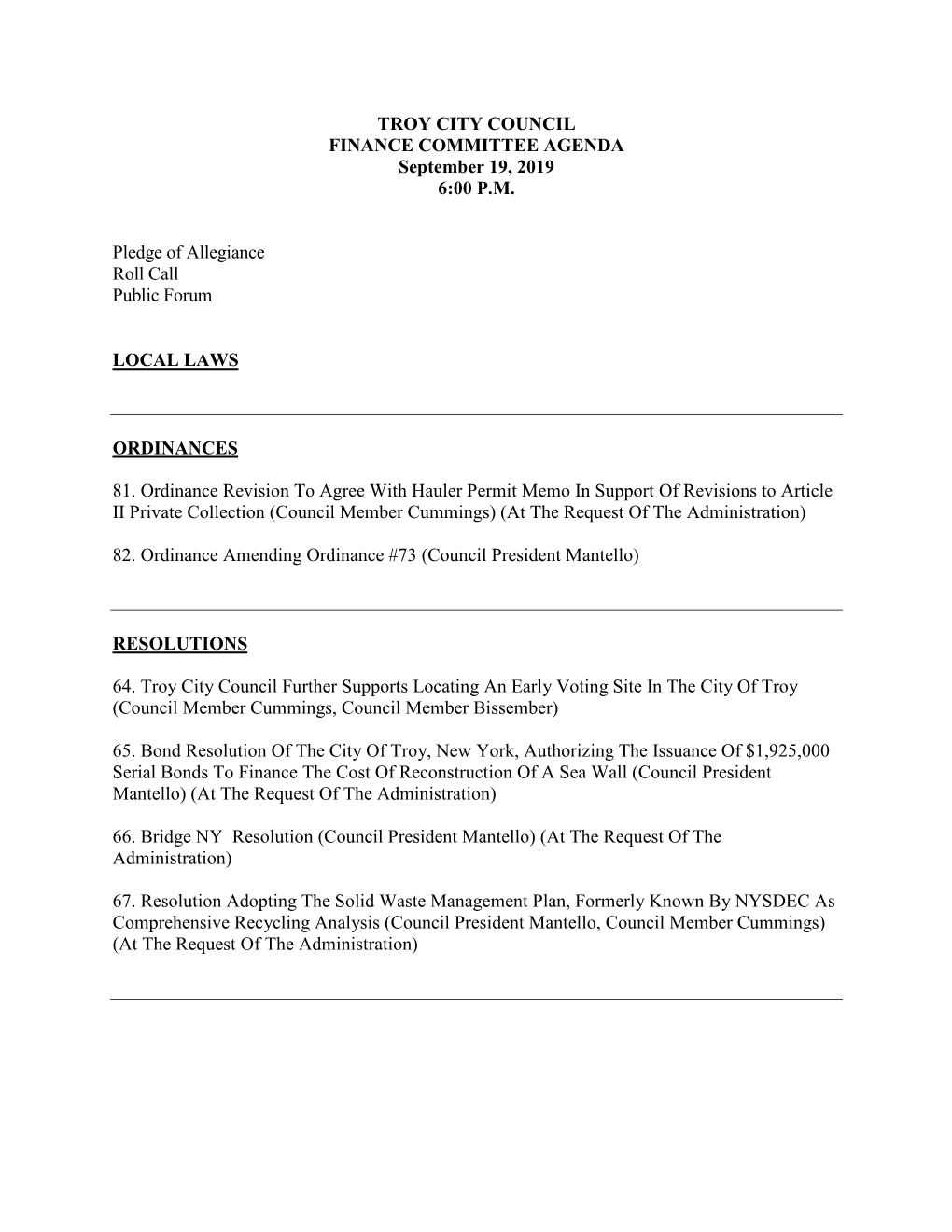TROY CITY COUNCIL FINANCE COMMITTEE AGENDA September 19, 2019 6:00 P.M