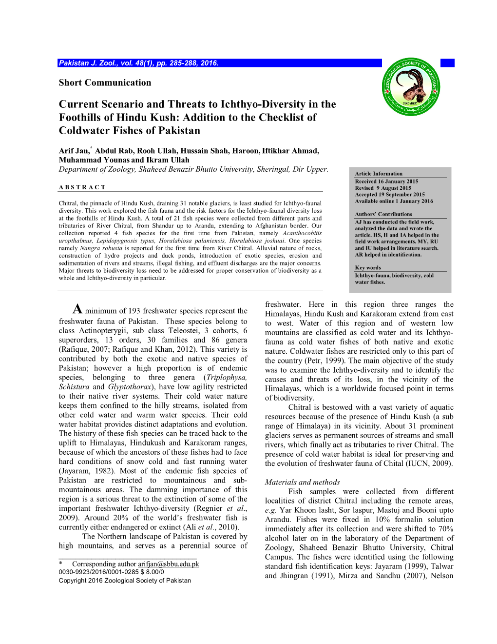 Current Scenario and Threats to Ichthyo-Diversity in the Foothills of Hindu Kush: Addition to the Checklist of Coldwater Fishes of Pakistan