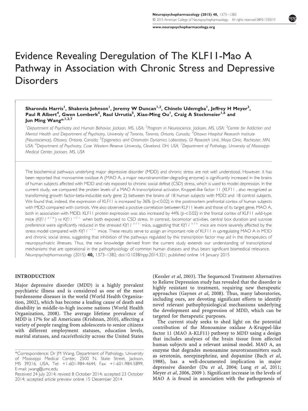 Evidence Revealing Deregulation of the KLF11-Mao a Pathway in Association with Chronic Stress and Depressive Disorders