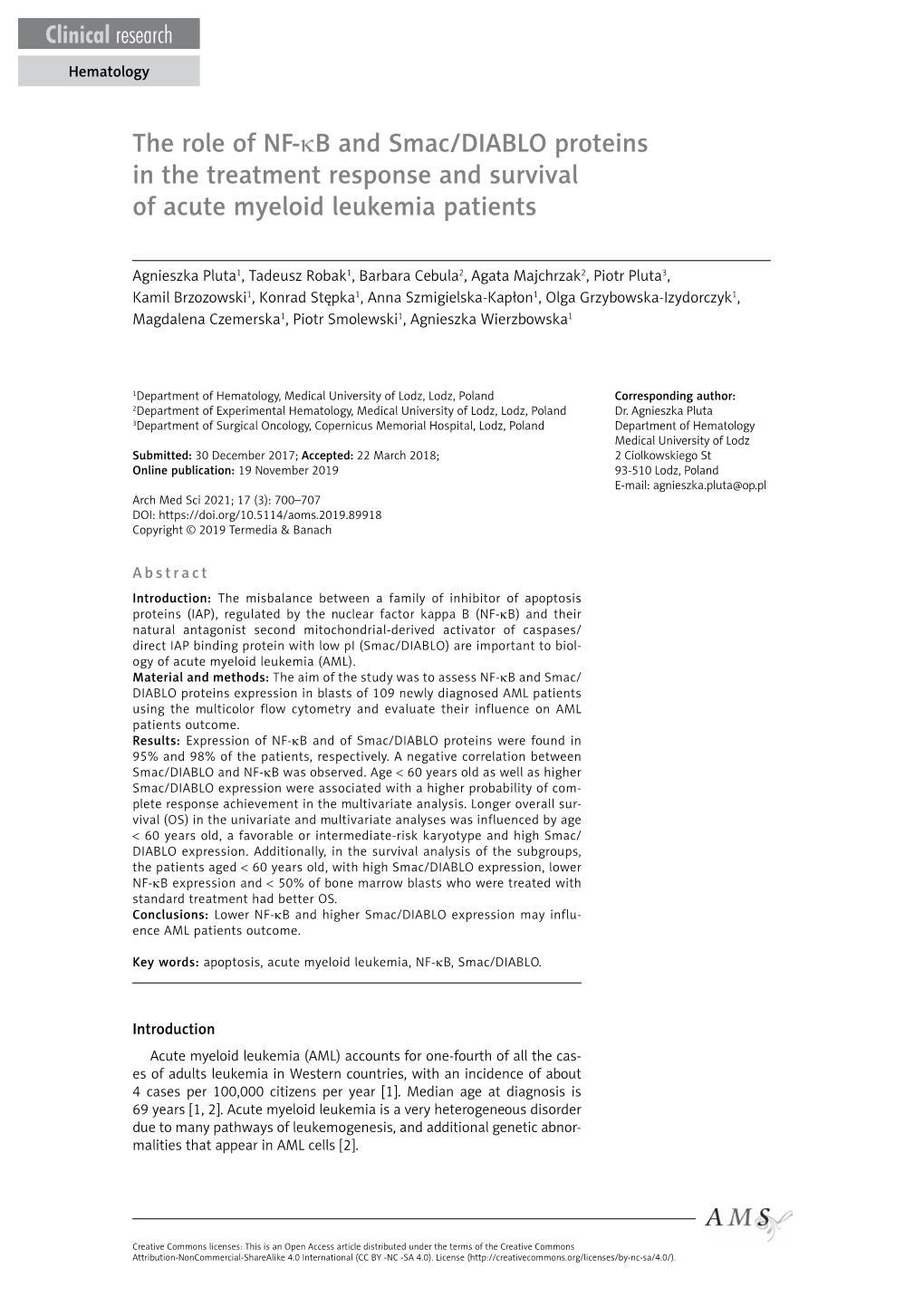 The Role of NF-Κb and Smac/DIABLO Proteins in the Treatment Response and Survival of Acute Myeloid Leukemia Patients