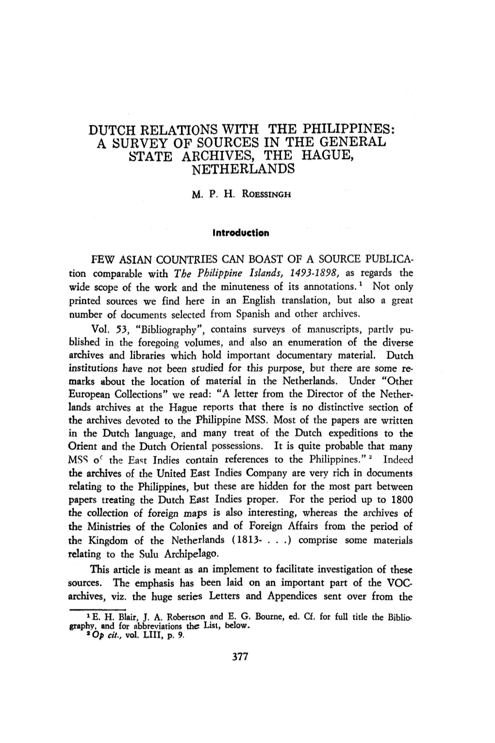 Dutch Relations with the Philippines: a Survey of Sources in the General State Archives, the Hague, Netherlands