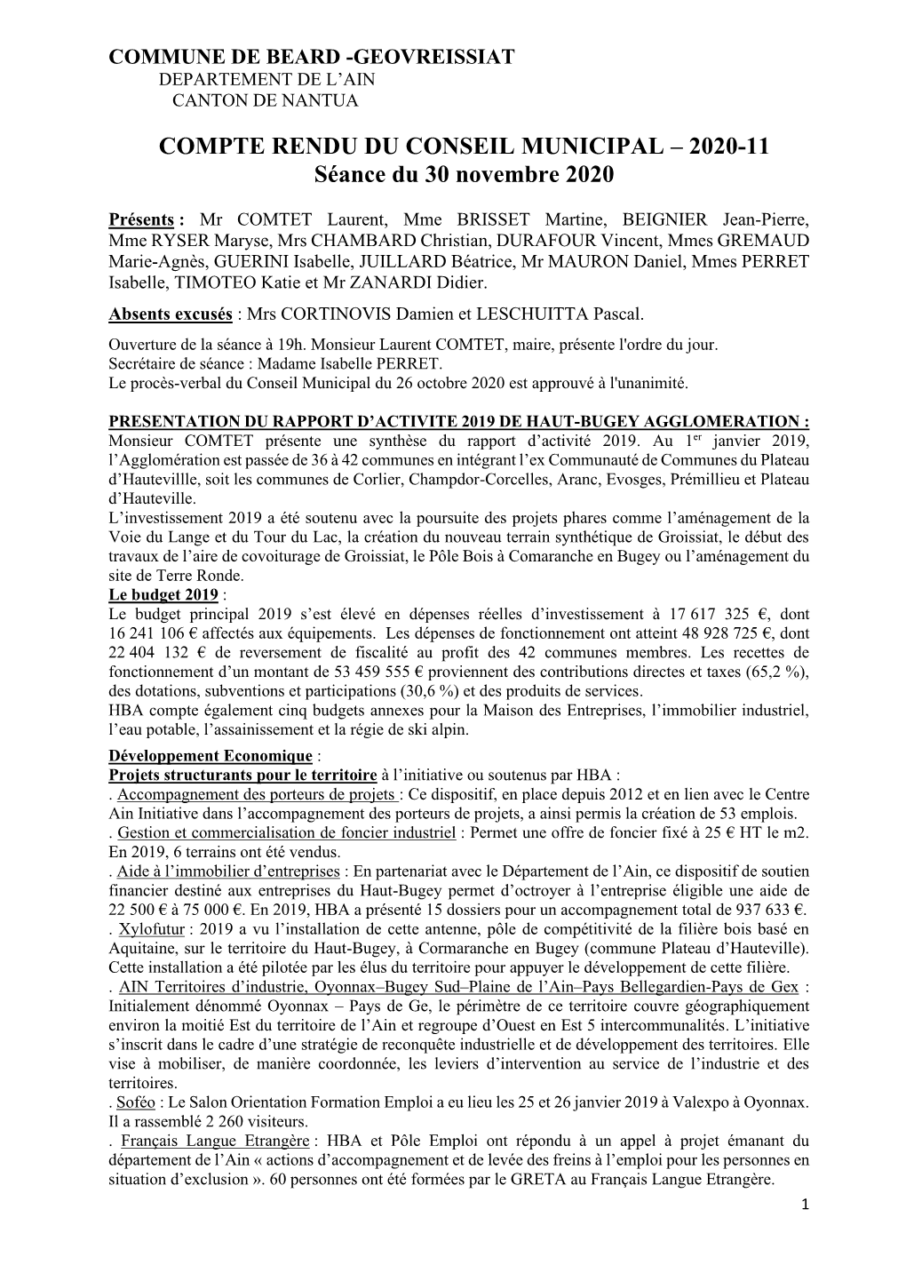 COMPTE RENDU DU CONSEIL MUNICIPAL – 2020-11 Séance Du 30 Novembre 2020