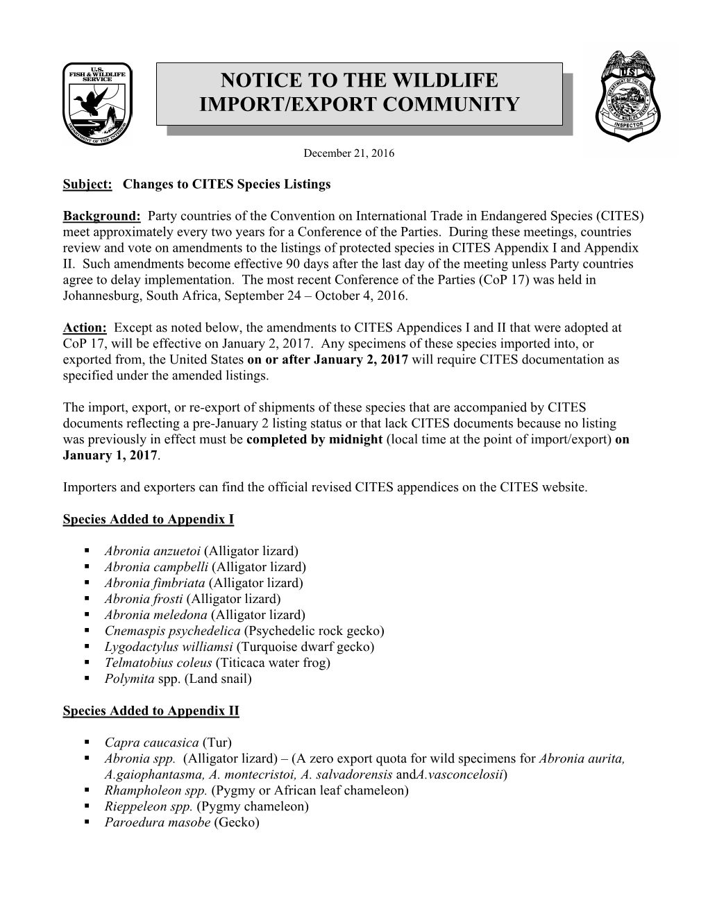 Changes to CITES Species Listings