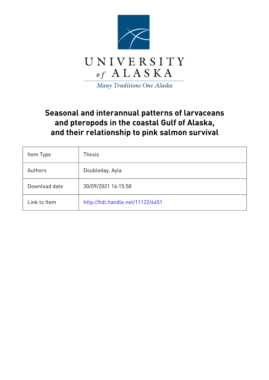 Seasonal and Interannual Patterns of Larvaceans and Pteropods in the Coastal Gulf of Alaska, and Their Relationship to Pink Salmon Survival