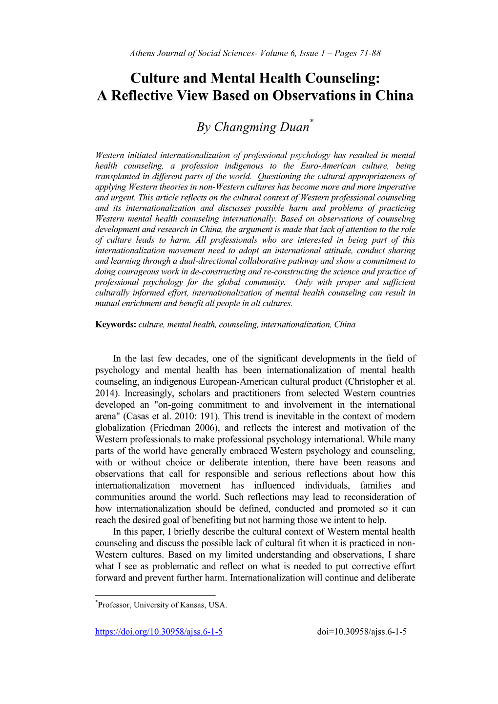 Culture and Mental Health Counseling: a Reflective View Based on Observations in China