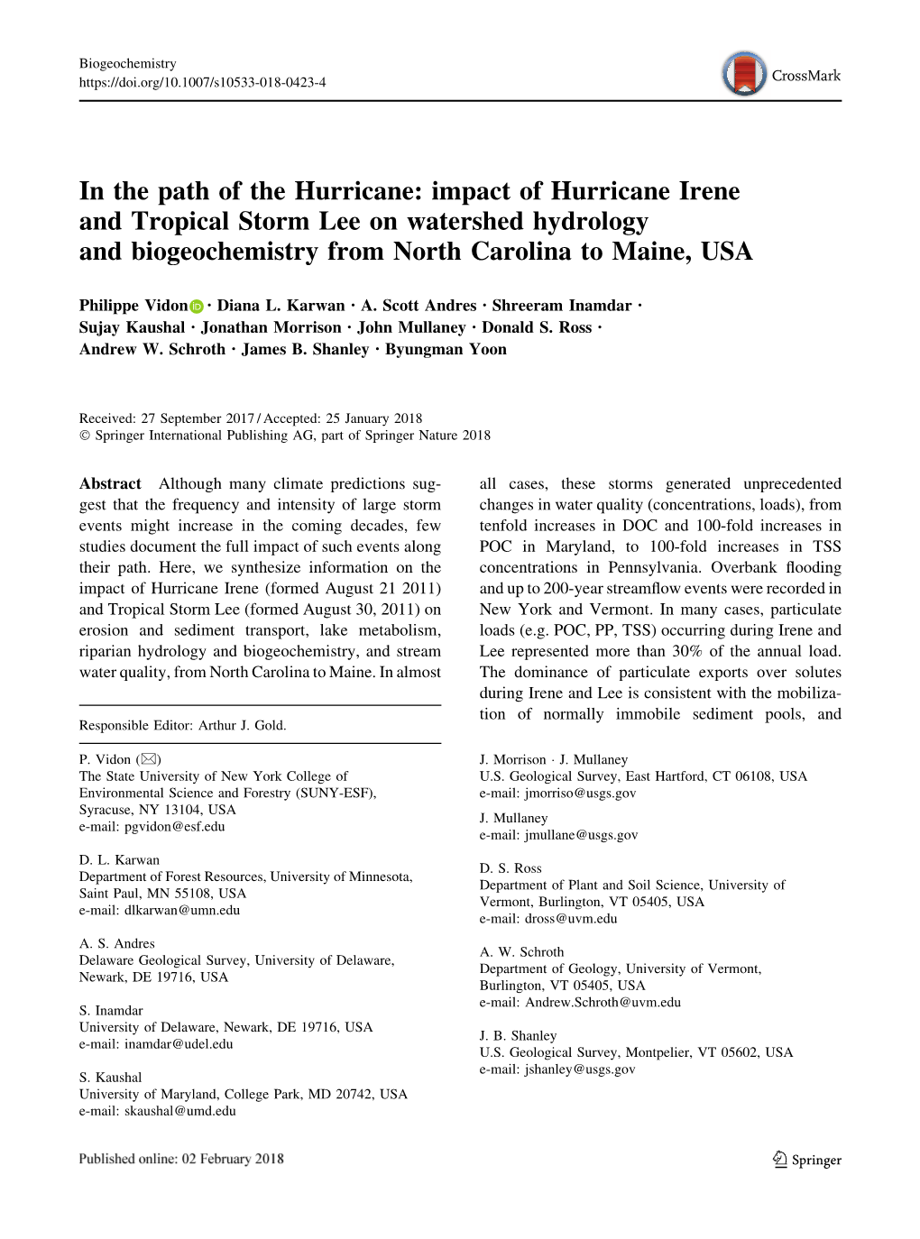 Impact of Hurricane Irene and Tropical Storm Lee on Watershed Hydrology and Biogeochemistry from North Carolina to Maine, USA