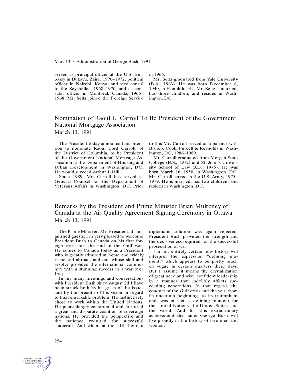 Nomination of Raoul L. Carroll to Be President of the Government National Mortgage Association March 13, 1991