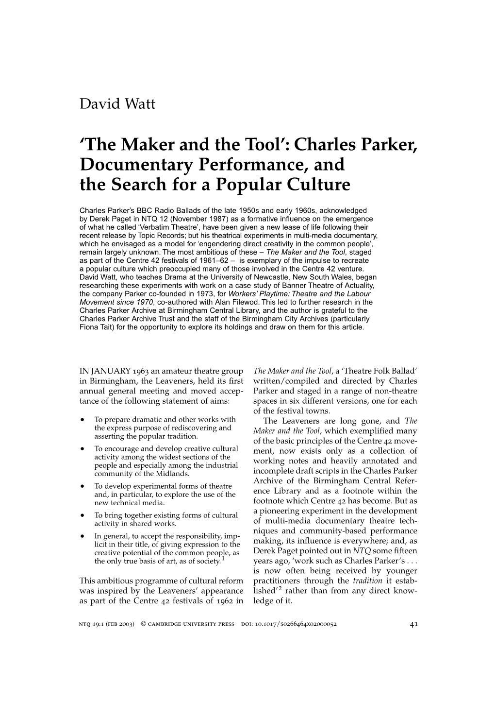 Charles Parker, Documentary Performance, and the Search for a Popular Culture