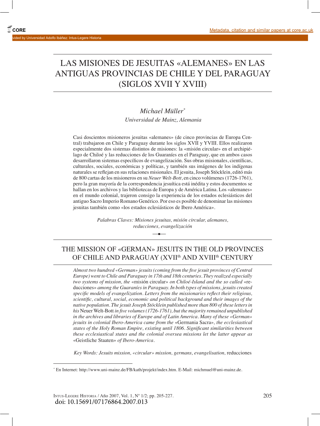 Las Misiones De Jesuitas «Alemanes» En Las Antiguas Provincias De Chile Y Del Paraguay (Siglos XVII Y XVIII)