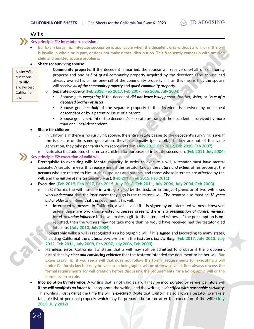 California Bar Exam One-Sheets Electronic