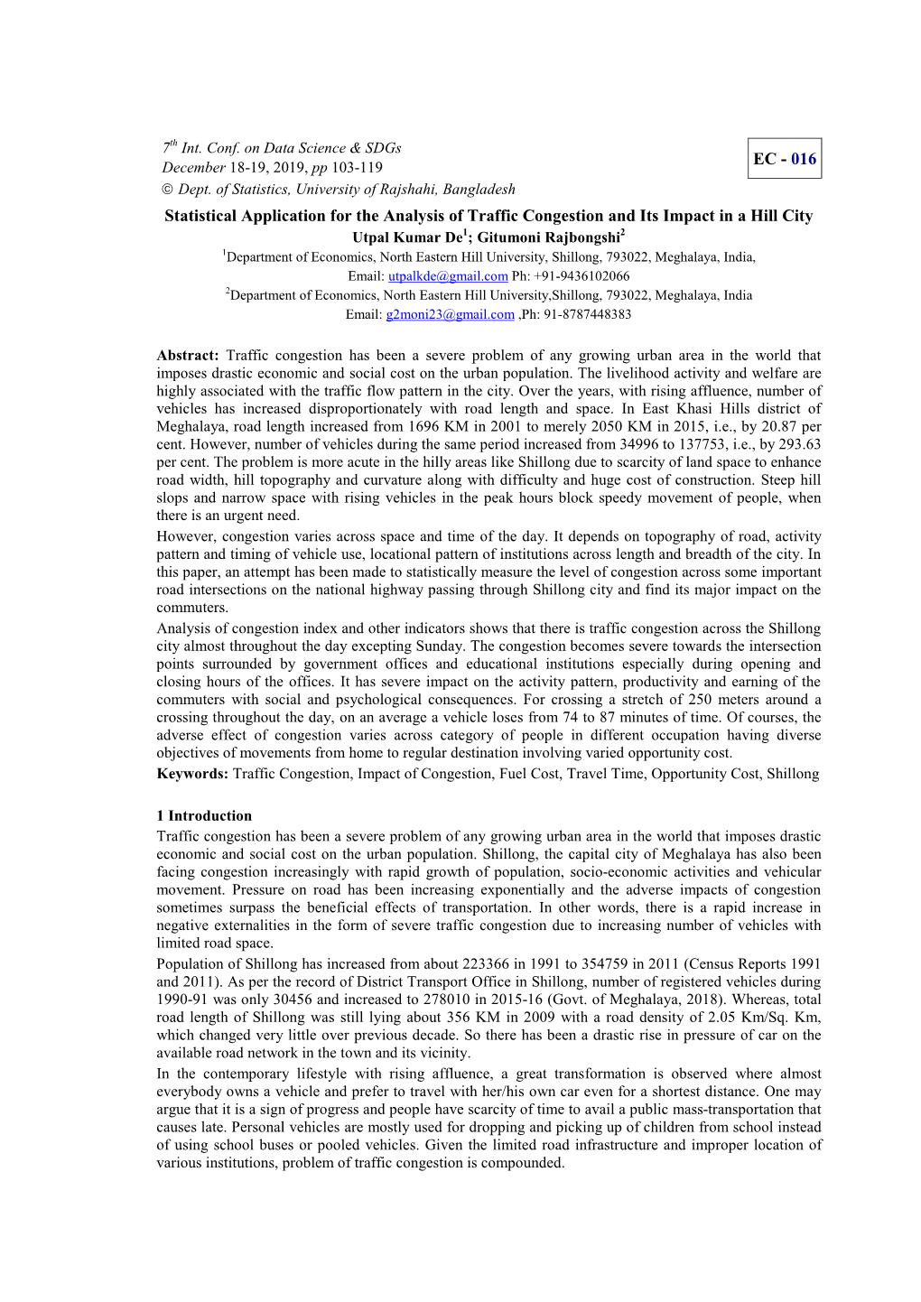 Statistical Application for the Analysis of Traffic Congestion and Its Impact