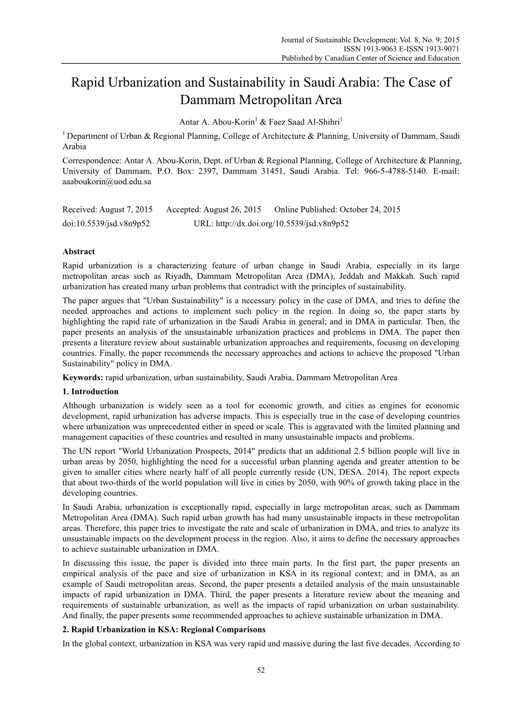 Rapid Urbanization and Sustainability in Saudi Arabia: the Case of Dammam Metropolitan Area