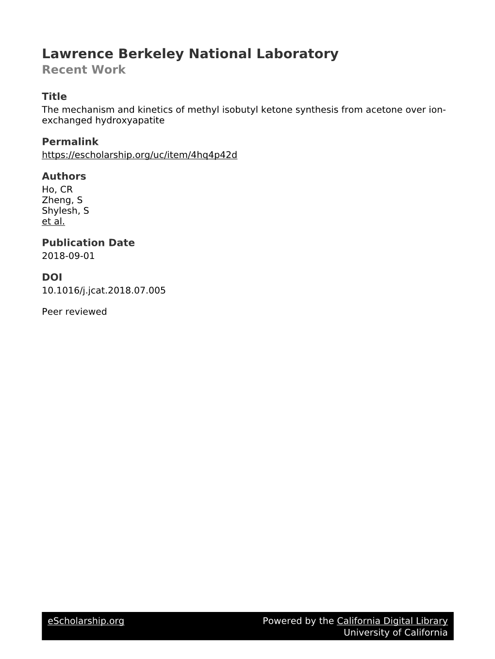 The Mechanism and Kinetics of Methyl Isobutyl Ketone Synthesis from Acetone Over Ion- Exchanged Hydroxyapatite