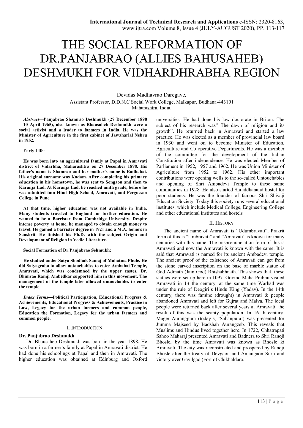 The Social Reformation of Dr.Panjabrao (Allies Bahusaheb) Deshmukh for Vidhardhrabha Region